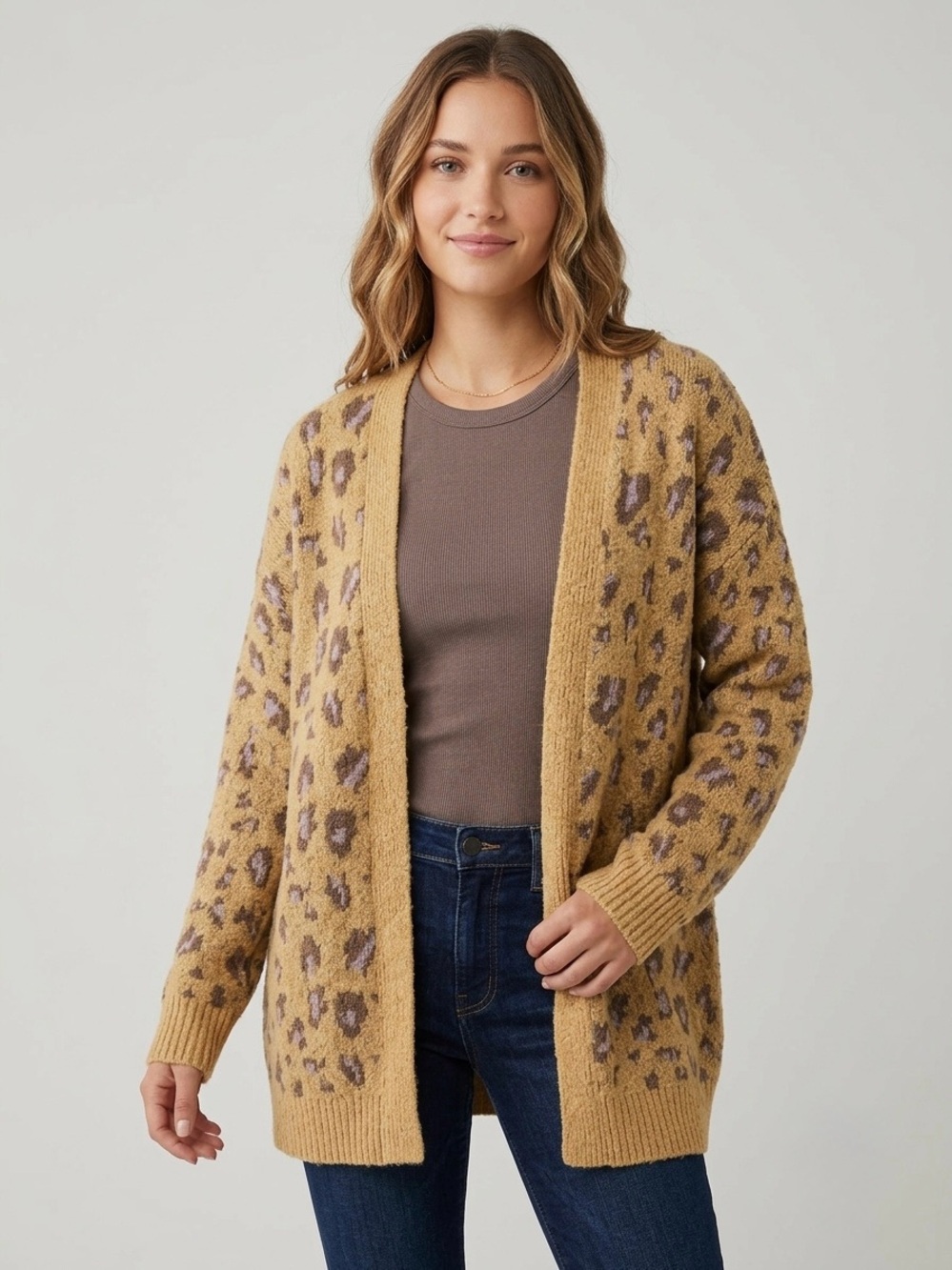 easel Los Ángeles Mustard and Taupe Leopard Open-Front Cardigan